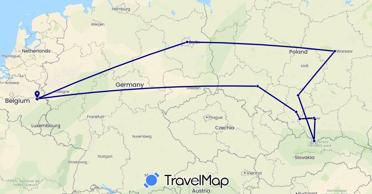 TravelMap itinerary: driving in Belgium, Germany, Poland (Europe)